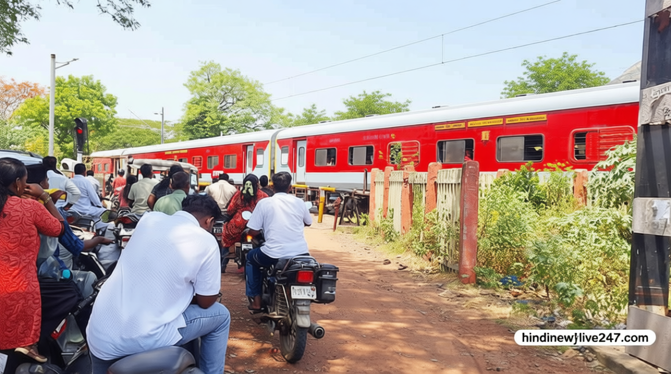 ரெயில்வே கேட் பகுதியில் நடு வழியில் நின்ற பாமணி ரெயில்: வாகன ஓட்டிகள் அவதி