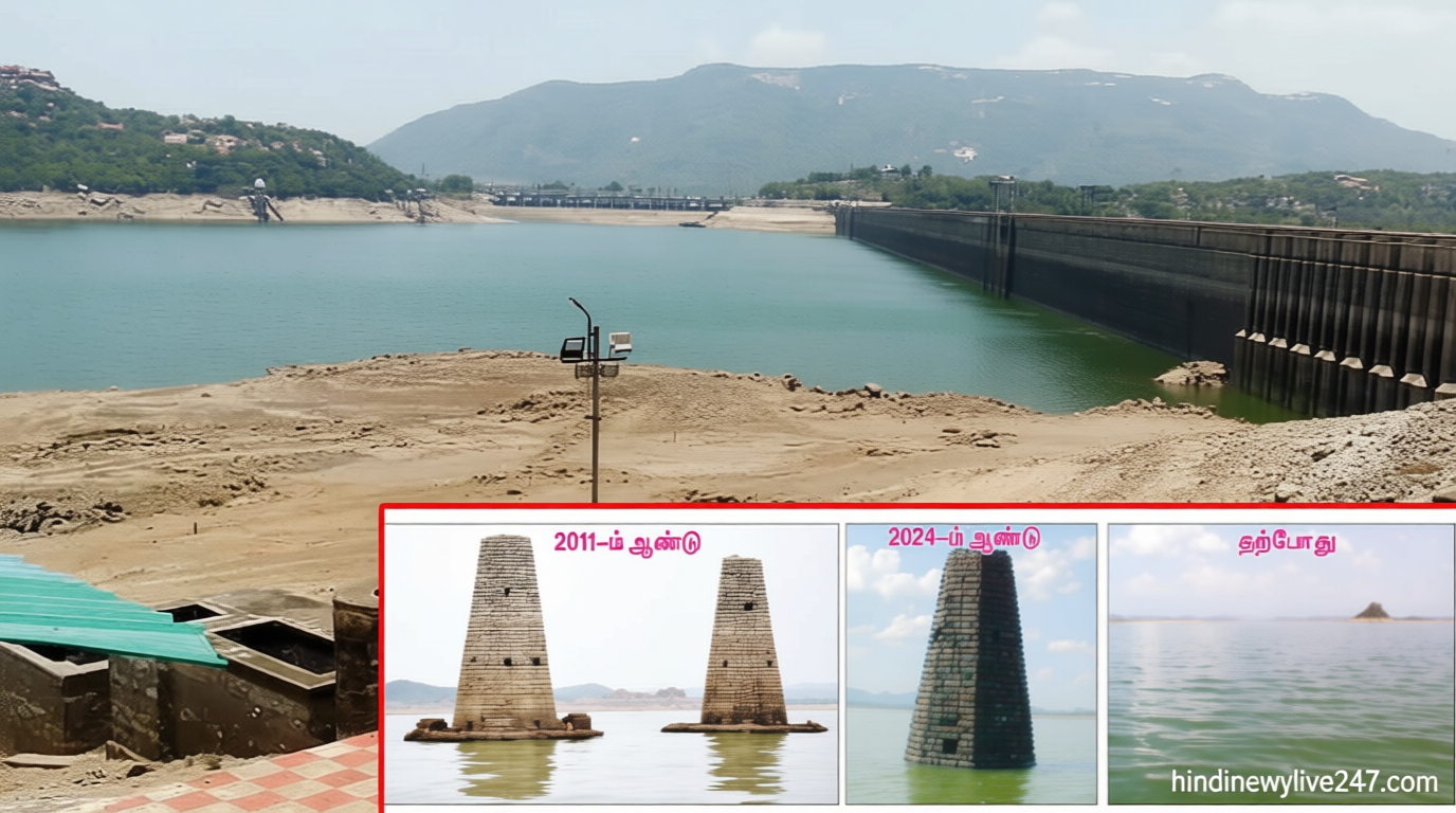 மேட்டூர் அணை: நீர்மட்டம் 78 அடிக்கு கீழ் குறைந்தும் தெரியாத கிறித்தவ ஆலய ஒற்றை கோபுரம்