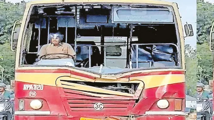 விபத்தில் சேதமடைந்த பஸ்சை ‘ஹெல்மெட்’ அணிந்து ஓட்டிய டிரைவர்; வீடியோ வைரல்