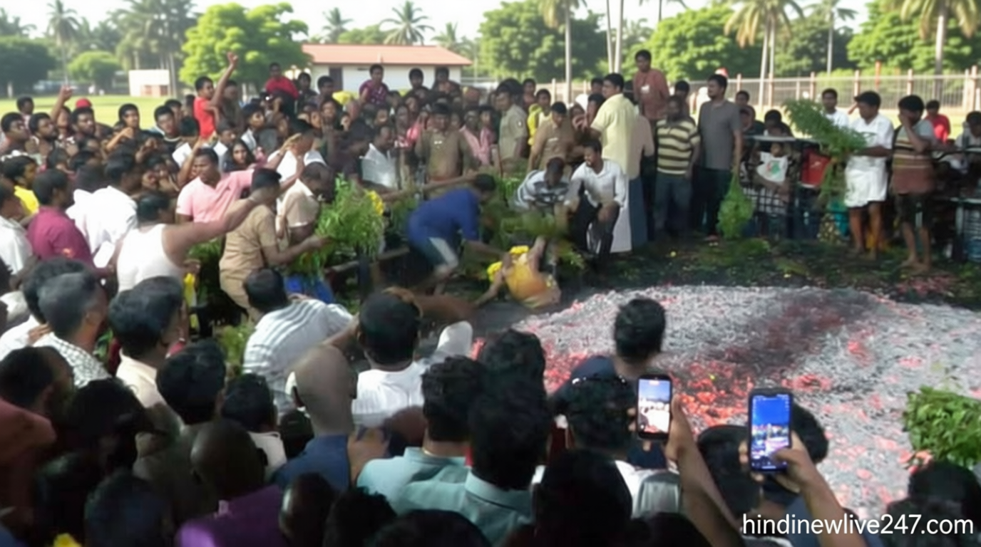 திருவள்ளூர் அருகே தீ மிதித்தபோது அக்னி குண்டத்தில் தவறி விழுந்த பக்தர் காயம்